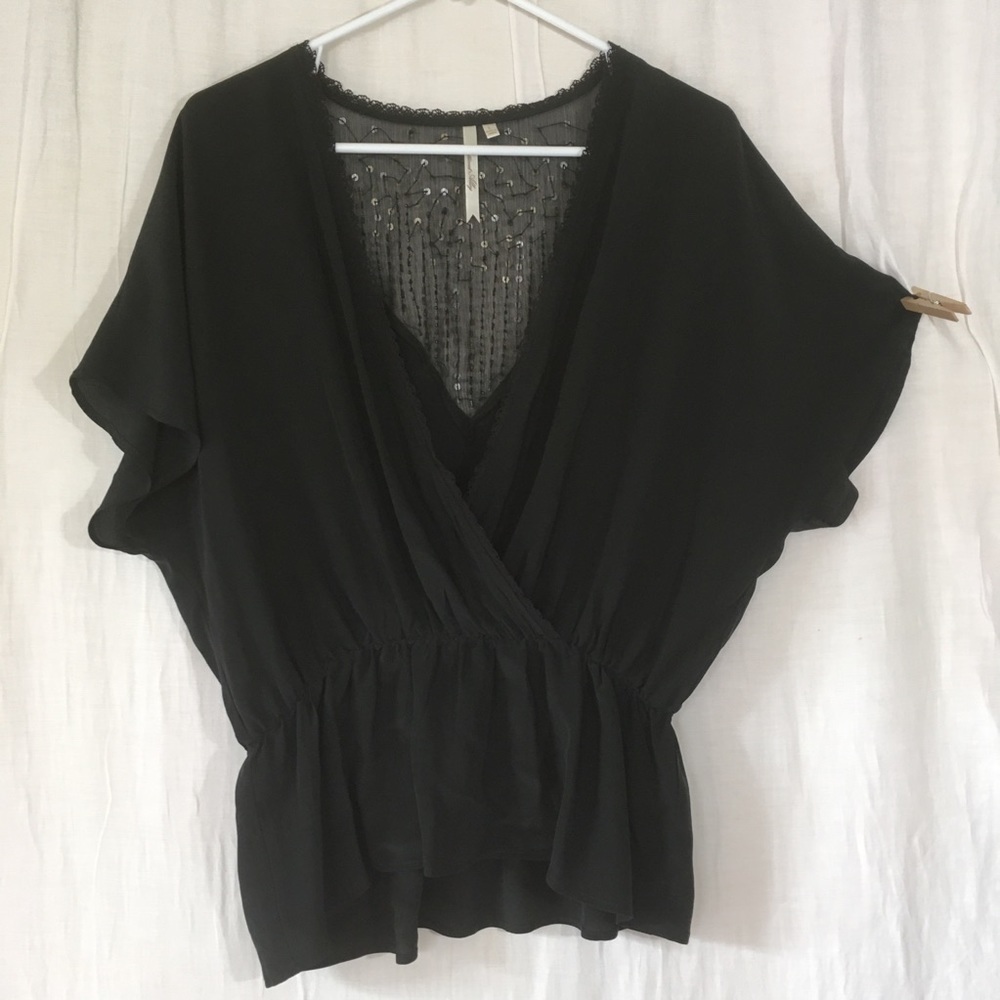 Petticoat Alley Silk Sequin Beaded Deep V Blouse
